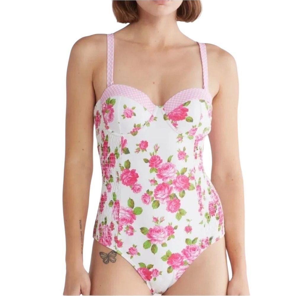 Betsey Johnson Love Always Betsy floral roses one piece smocked‎ swimsuit New M